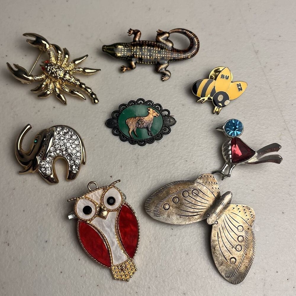 Animal Pins Brooches Lot Scorpion Bird Bee Goat Owl Elephant Alligator 8 Pcs